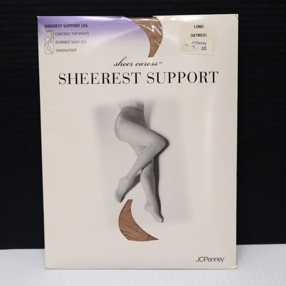 JCPenney Sheerest Support Control Top Sandalfoot Pantyhose Oatmeal Sz Long - Picture 1 of 5